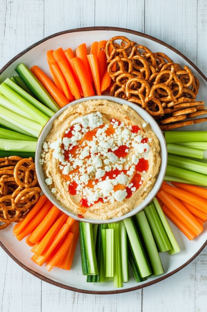 JARRIE's Hot Wing Hummus with Snack Factory® Pretzel Crisp® Dippers