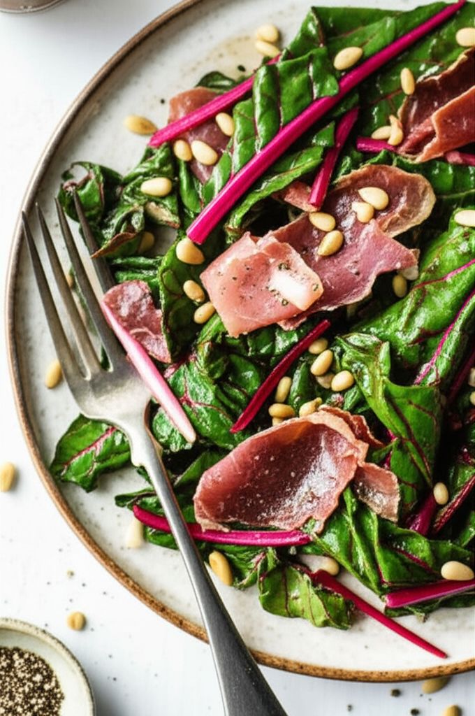 Red Swiss Chard with Pine Nuts and Prosciutto