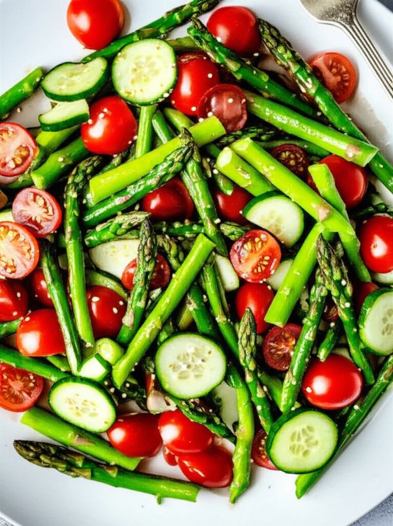 Asparagus, Cucumber, and Tomato Salad with Sesame Soy Vinaigrette