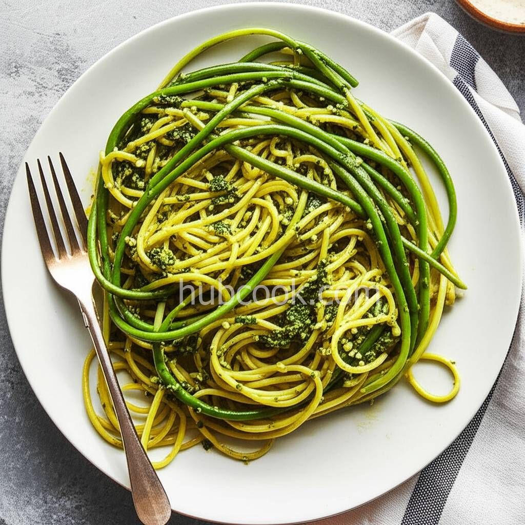 Garlic Scape Pesto on Spinach Linguine