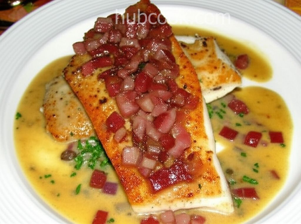 Pan Roasted Halibut with Calvados and Serrano Ham-Butter Sauce
