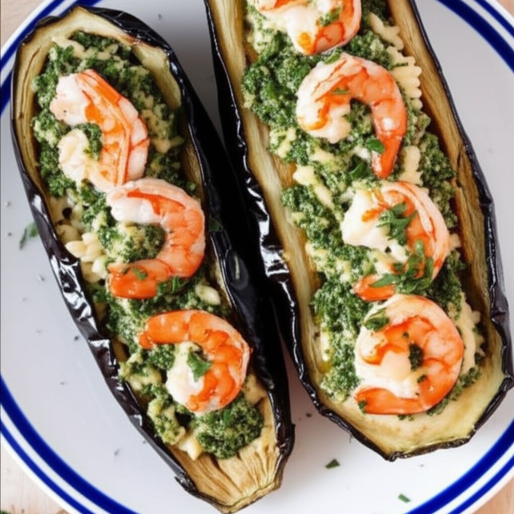 Stuffed Eggplant with Shrimp and Basil
