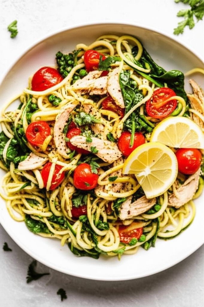 Zucchini Noodles with Chicken and Tomatoes in a Lemon Garlic Sauce