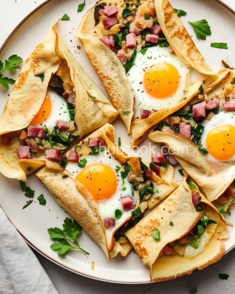 Breakfast Crepes with Ham, Vegetables, and Egg