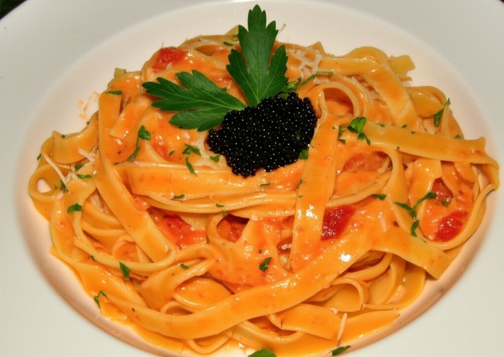 Creamy Vodka Fettuccine with Tomato, Smoked Salmon, and Caviar