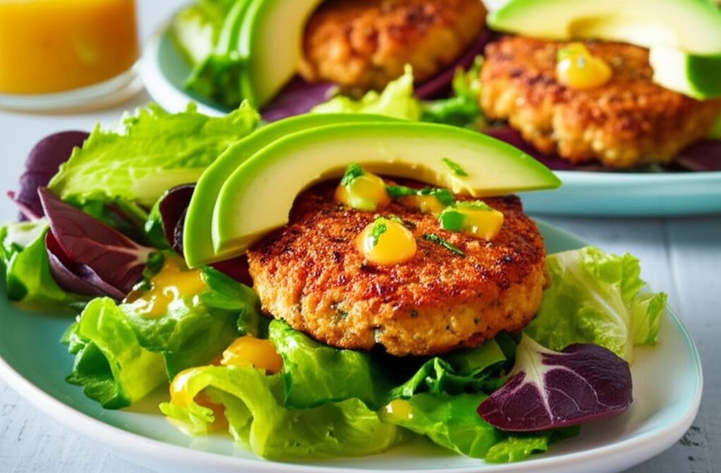 Deviled Crab Cakes on Mixed Greens with Ginger-Citrus Vinaigrette