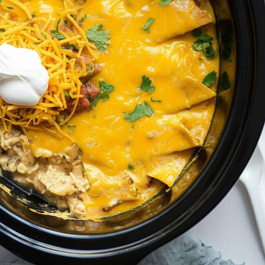 Easy Creamy Crockpot Chicken Enchilada Casserole