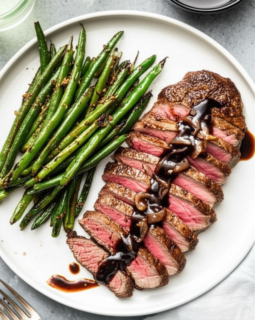 Grilled Hanger Steak with a Roasted Shallot Port Demi Sauce and Grilled Garlic Green Beans