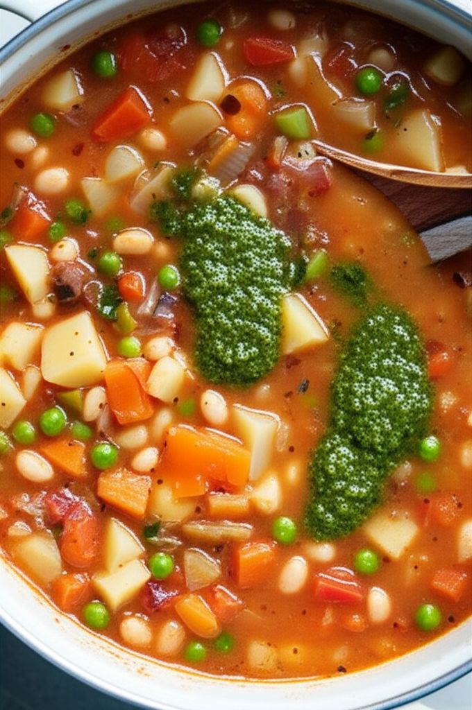 Italian Vegetable Soup with Beans, Spinach & Pesto