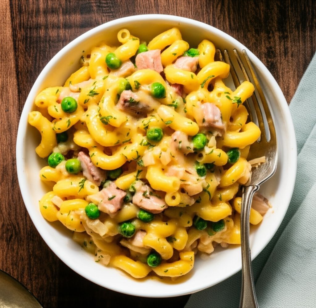 Macaroni and Cheese with Ham, Peas and Shallots