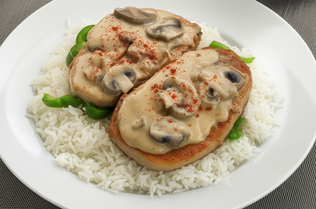 Nikki's Pork Chops with a Mushroom Cream Sauce over White Jasmine Rice
