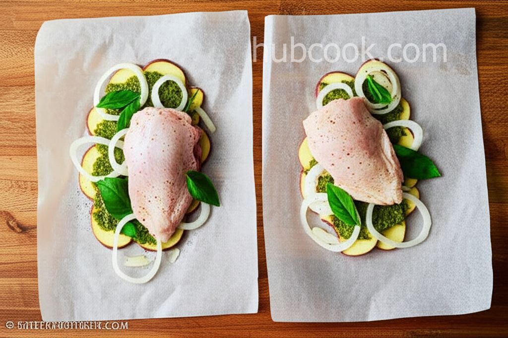 Pesto Chicken and Potatoes in Parchment Packets