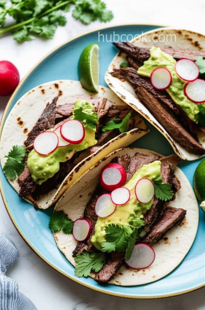 Ranch-Rubbed Carne Asada Tacos with Avocado Crema, Radish, and Lime