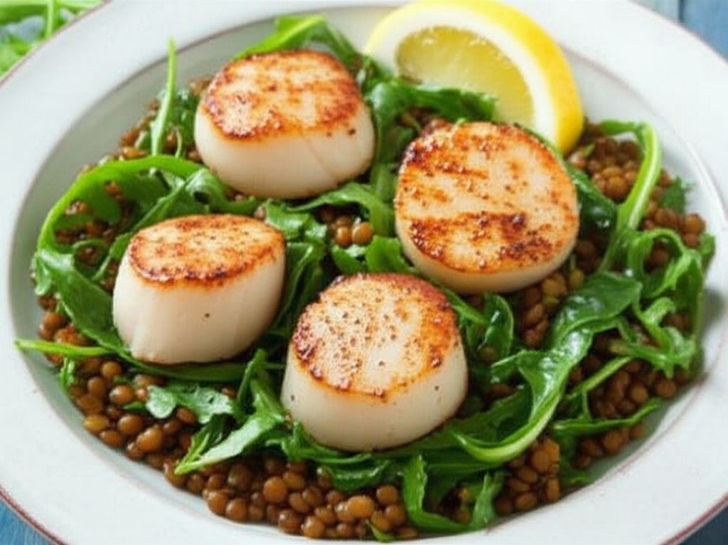 Scallops with Arugula, Lentils, and Butter Beans