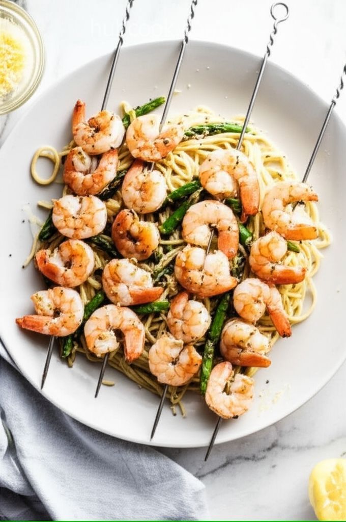 Shrimp Pasta with Grilled Asparagus