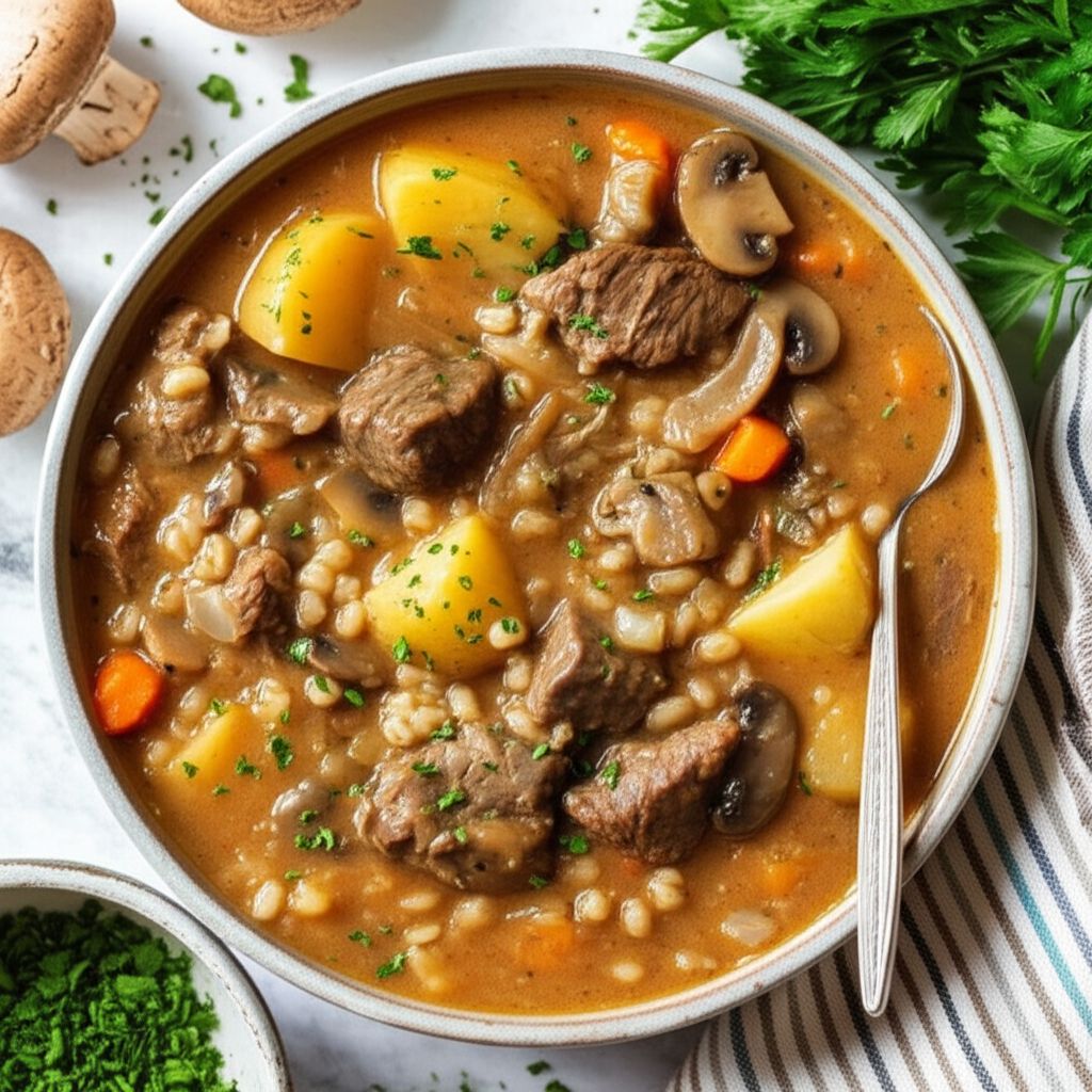 Slow Cooker Beef, Barley, and Mushroom Stew