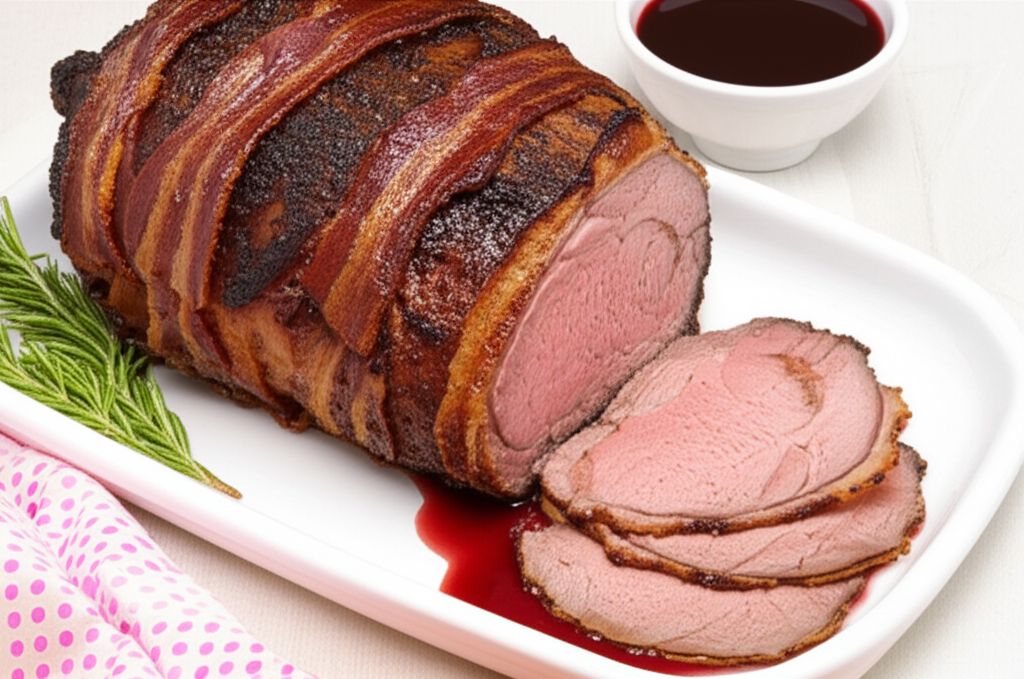 Bacon-Wrapped Leg of Lamb with Red Wine Reduction