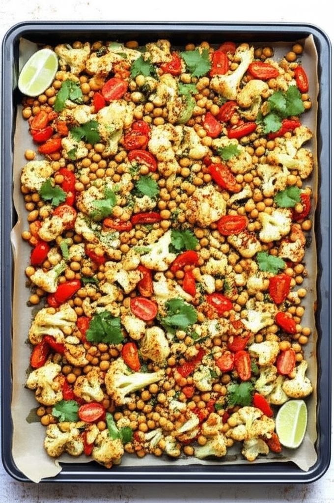 Easy Vegan Sheet Pan Roasted Cauliflower, Tomatoes, and Garbanzo Beans