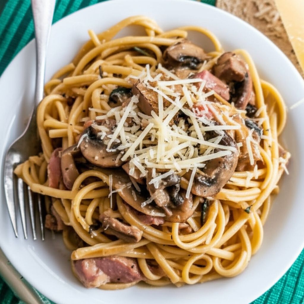 Linguine with Mushrooms & Ham