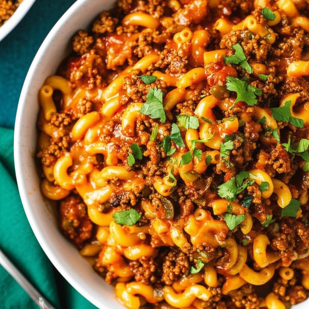 Macaroni and Cheese with Ground Beef, Salsa and Green Chiles