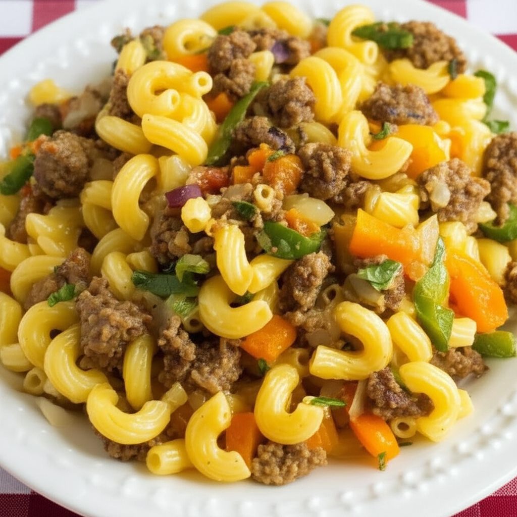 Macaroni and Cheese with Sausage, Peppers and Onions