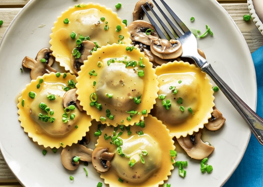 Mushroom and Spinach Ravioli with Chive Butter Sauce