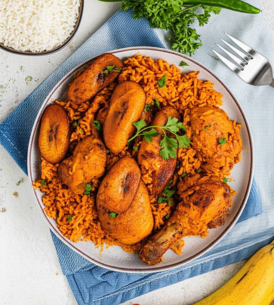 Nigerian Jollof Rice with Chicken and Fried Plantains