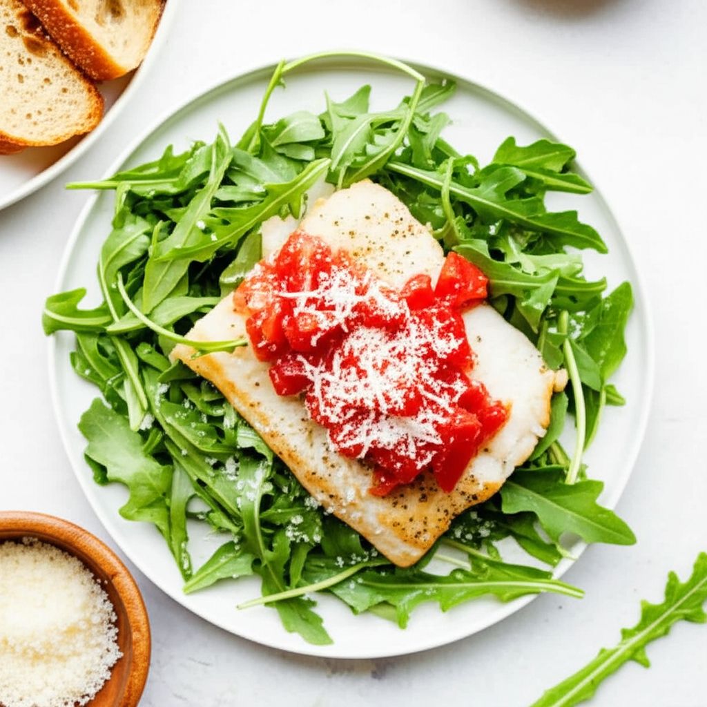 Parmesan Black Cod with Arugula and Tomato Topping