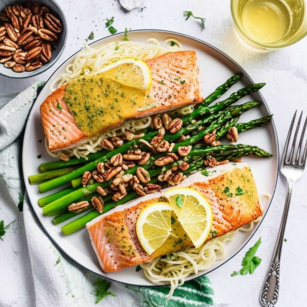 Salmon With Dijon Butter Sauce, Asparagus and Herb Butter Angel Hair Pasta