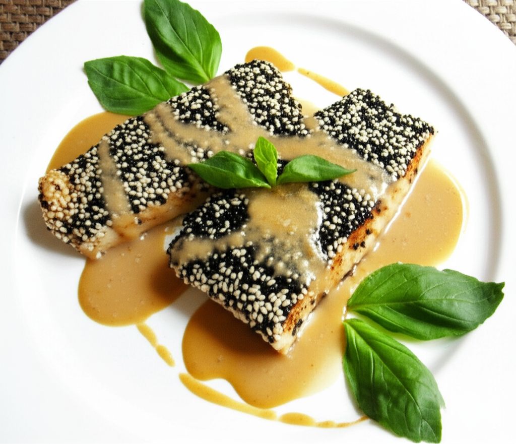 Sesame-Crusted Mahi Mahi with Soy, Shiso, and Ginger Butter Sauce