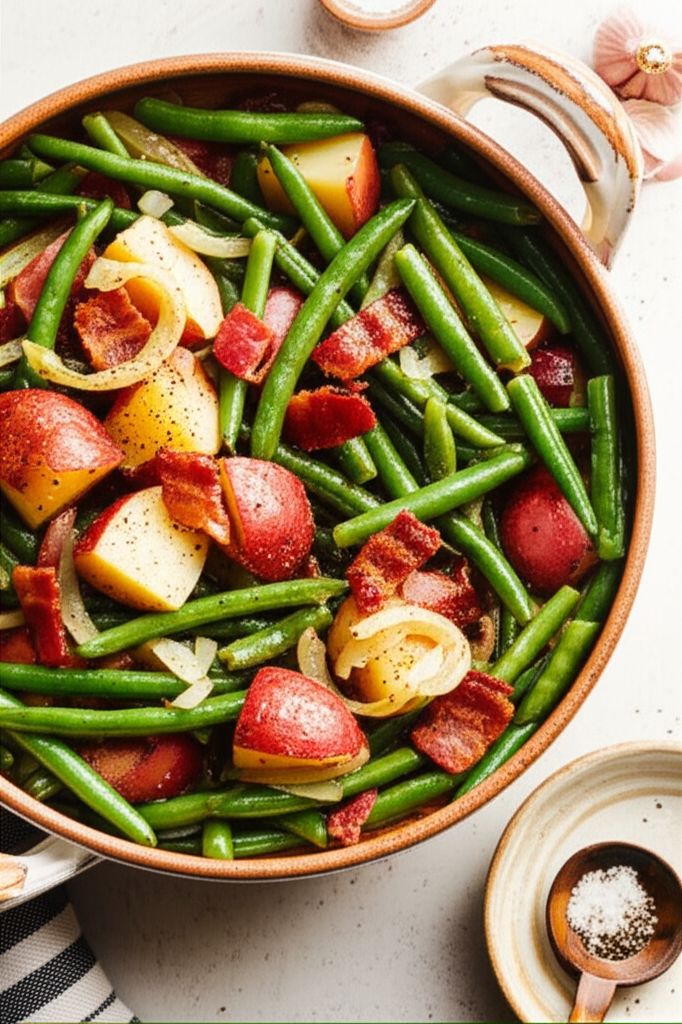 Slow-Cooked Fresh Green Beans with Bacon, Onion, and Red Potatoes