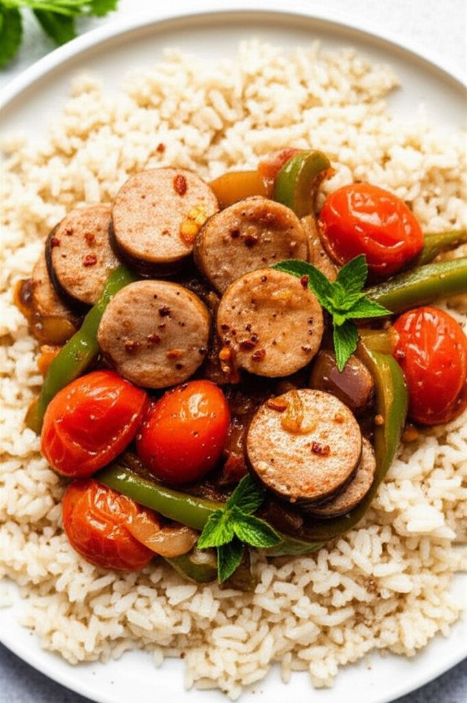 Spicy Sausage and Peppers Over Rice
