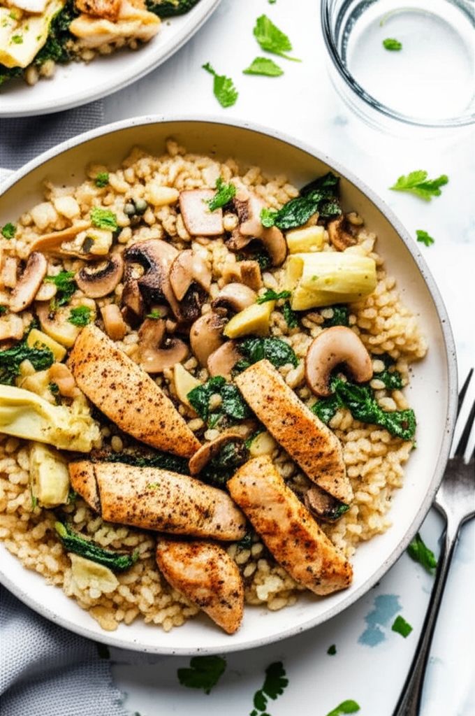 Spinach and Artichoke Farro Bowl with Chicken and Mushrooms