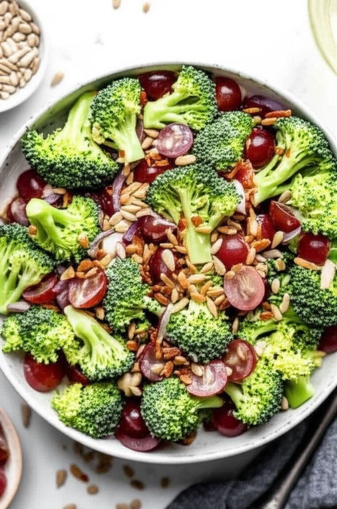 Broccoli Salad with Red Grapes, Bacon, and Sunflower Seeds