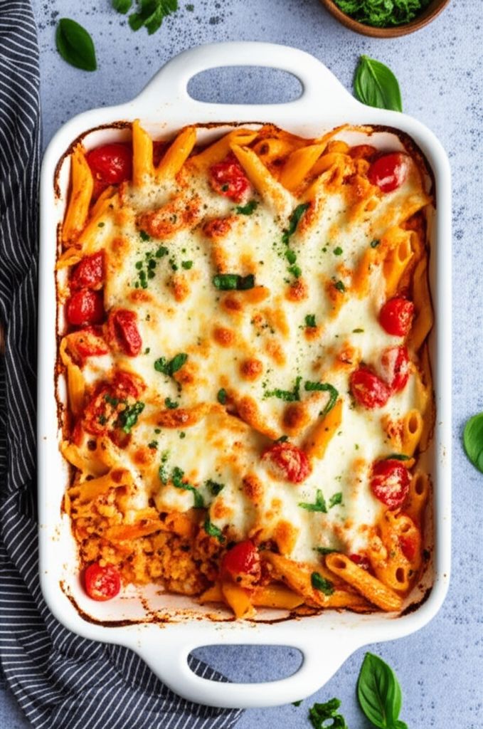 Creamy Pasta Bake with Cherry Tomatoes and Basil