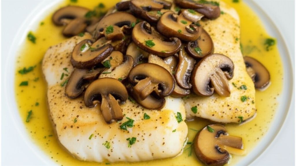 Pan-Roasted Halibut with Clamshell Mushrooms and Lemon Butter Sauce