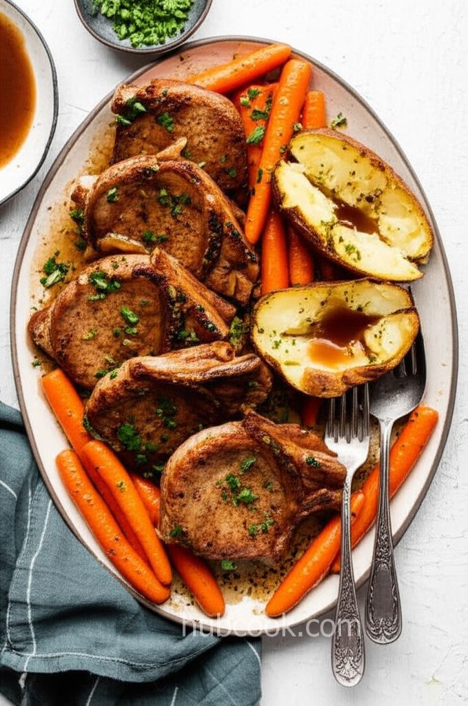 Pressure Cooker Bone-In Pork Chops, Baked Potatoes, and Carrots