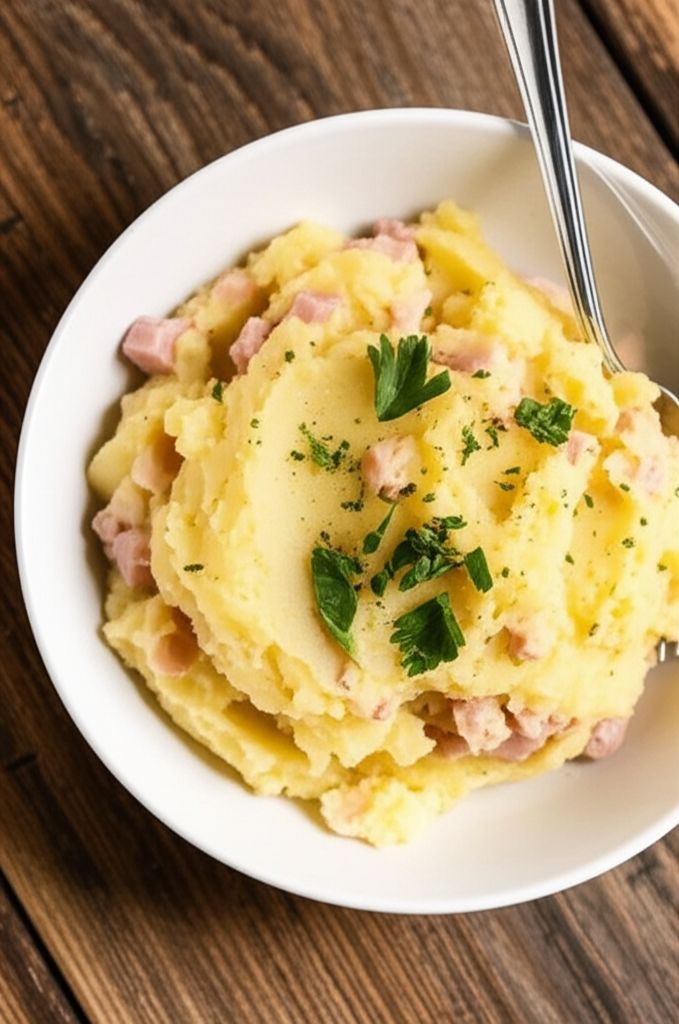 Cheesy Mashed Potatoes with Cubed Ham