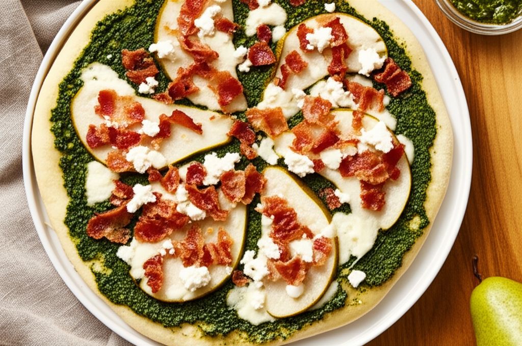 Goat Cheese, Pear, and Bacon Pizza with Pesto Sauce
