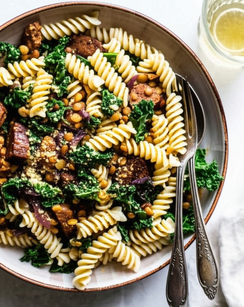 Vegan Lentil, Kale, and Red Onion Pasta