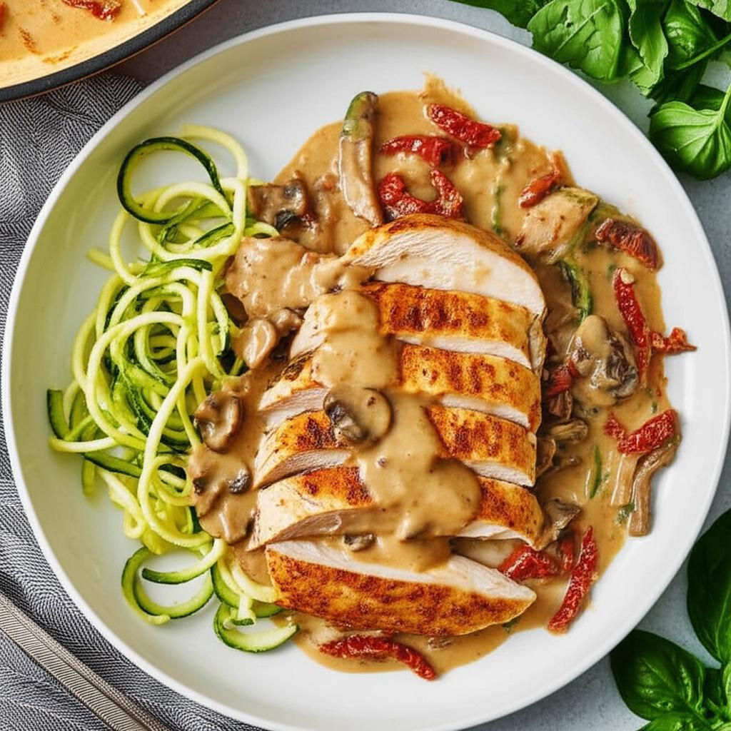 Chicken and Mushrooms in Cream Sauce over Zoodles