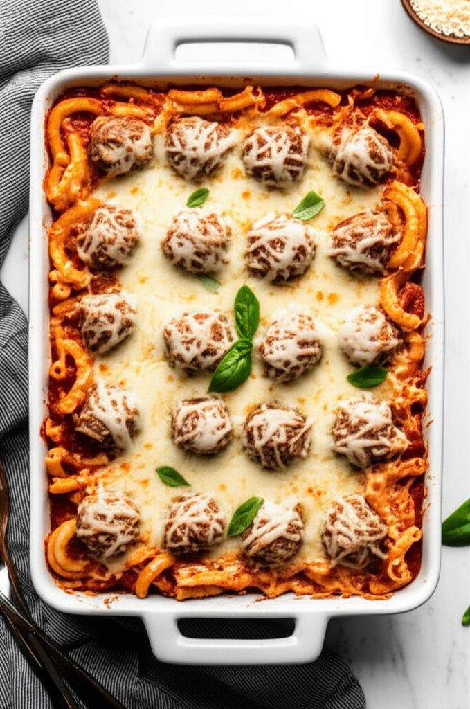 Easy Pasta Bake with Mostaccioli and Meatballs