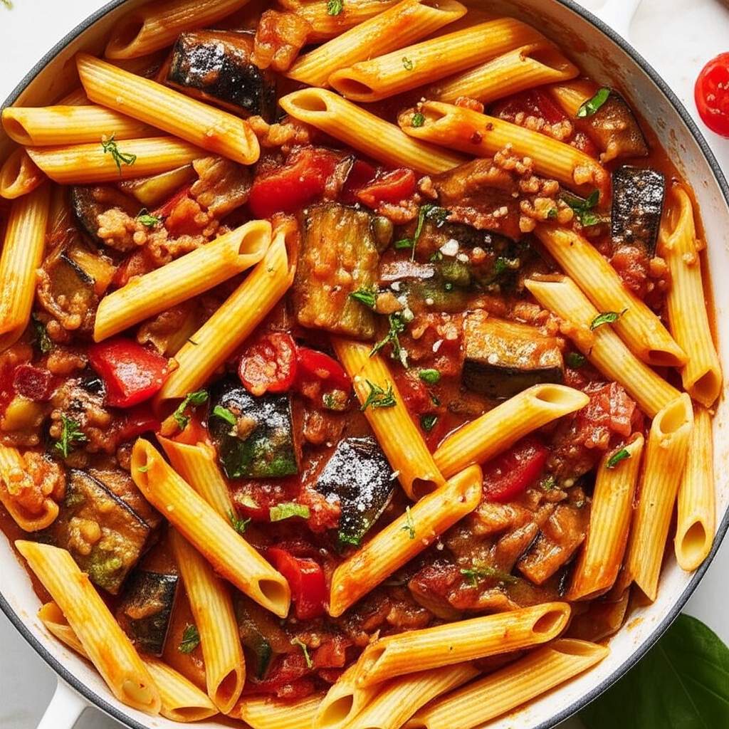 Spicy Eggplant and Pasta with Pancetta