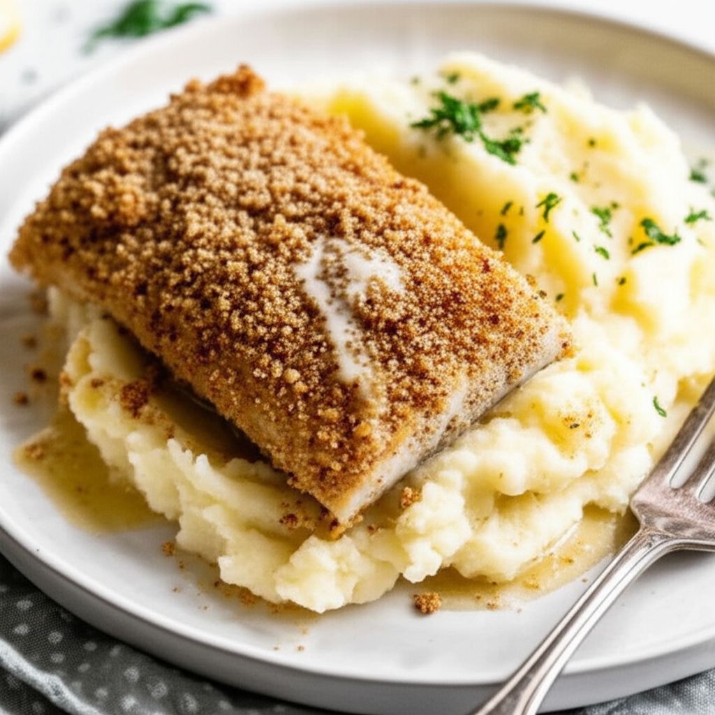 Hazelnut Crusted Halibut with Garlic Mashed Potatoes