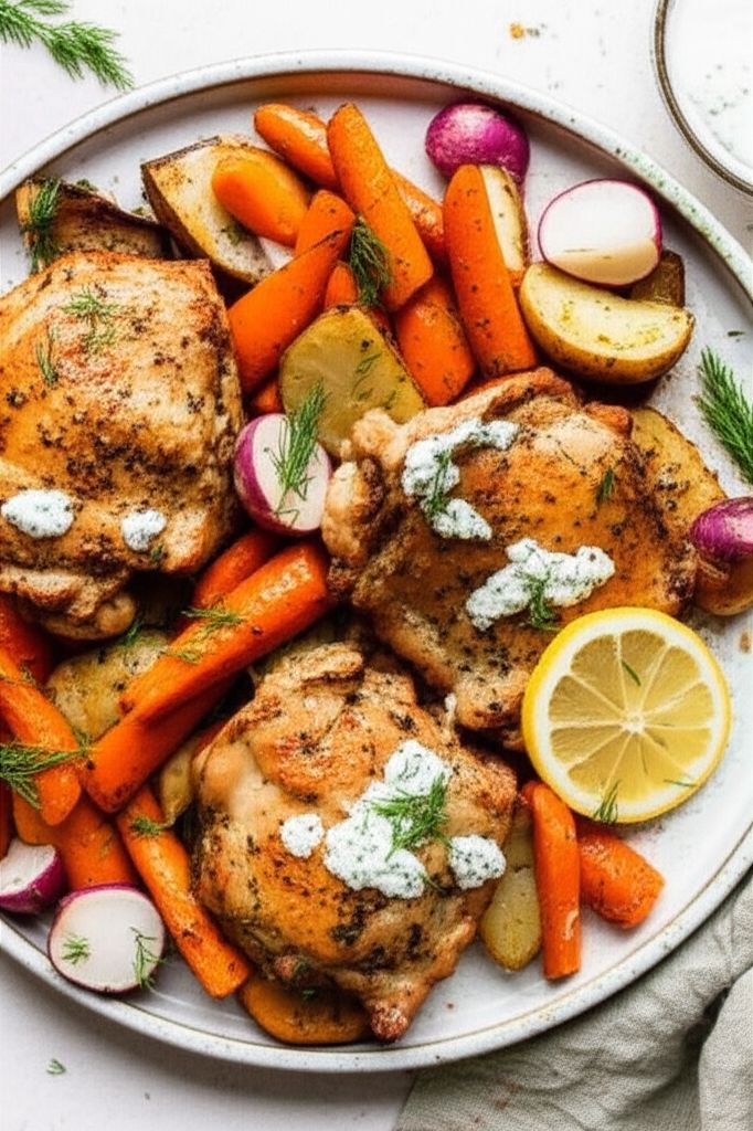 Lemon, Yogurt, and Dill Chicken Thighs with Roasted Veggies