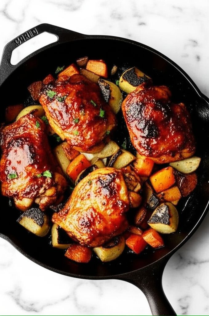 Cast Iron Honey-Sriracha Glazed Chicken with Roasted Root Vegetables