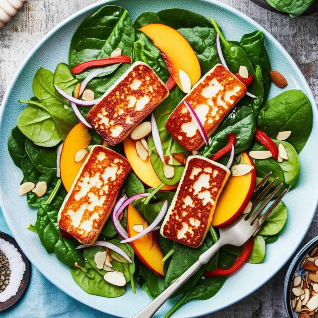 Spinach, Nectarine, and Halloumi Salad