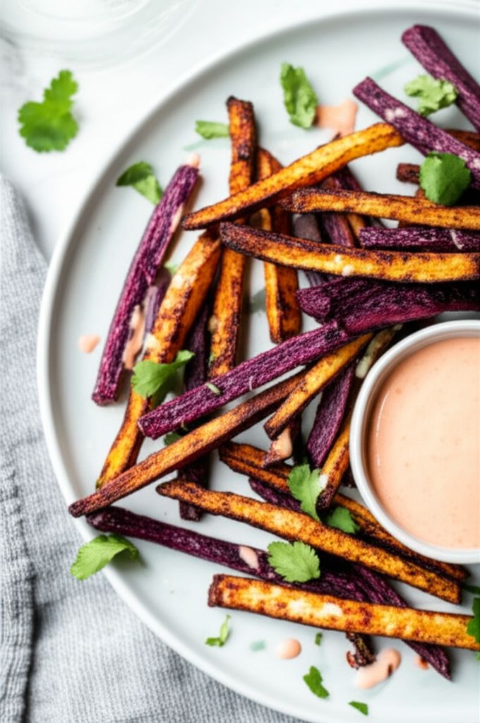 Air-Fried Purple Yam Fries with Sour Cream Sriracha Sauce