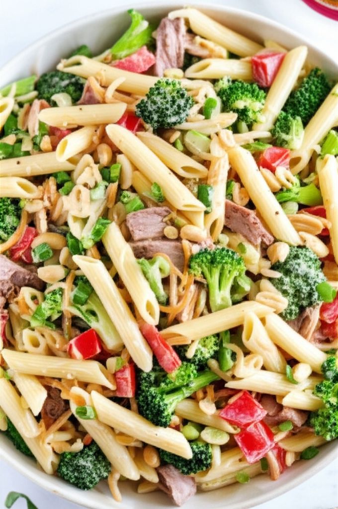 Asian Pasta Salad with Beef, Broccoli and Bean Sprouts