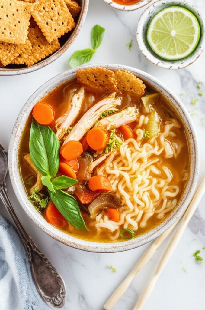 Chicken Ramen Noodle Soup with Honey Sriracha Crackers